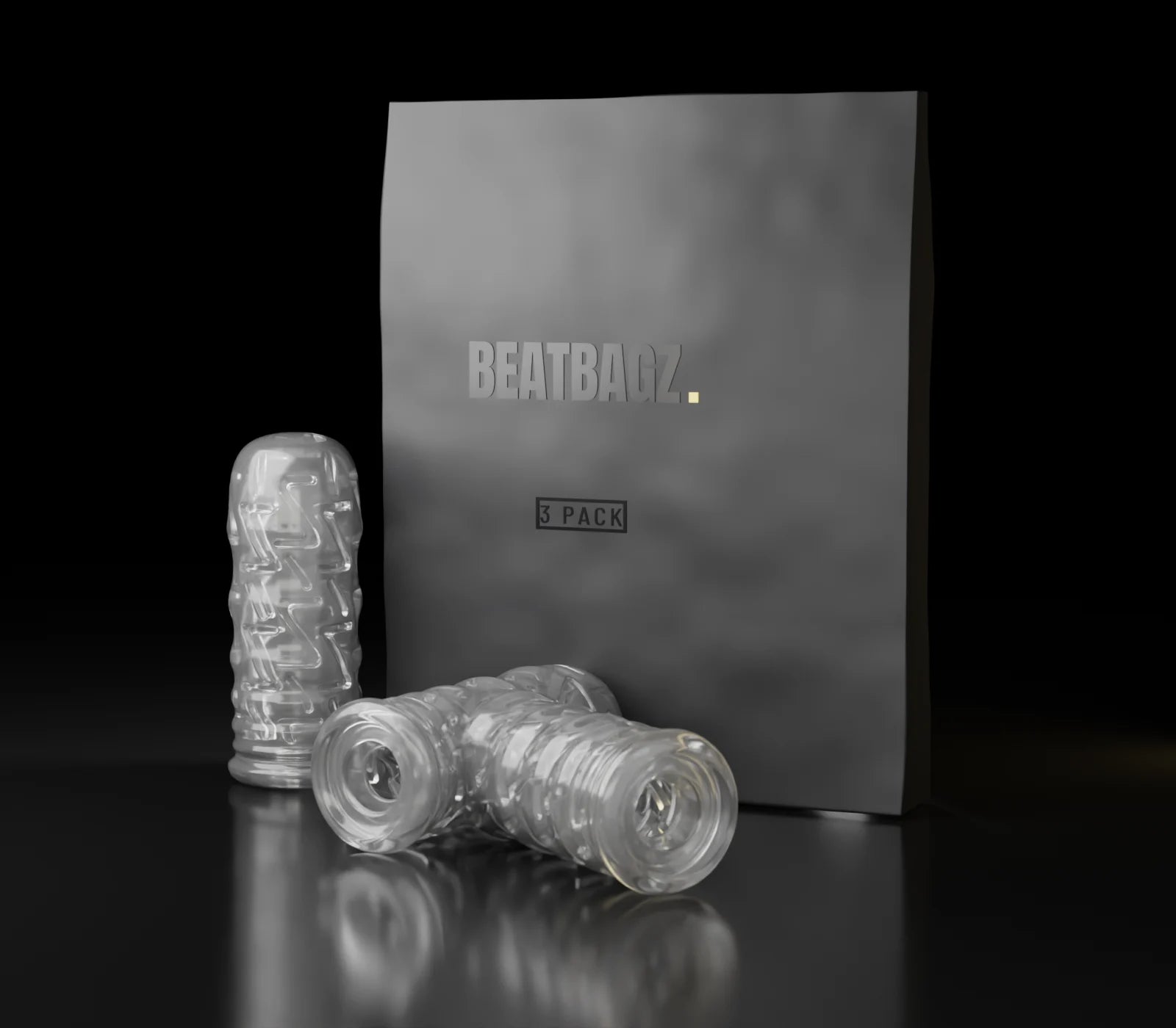 The 3-pack: matte black bag, three sealed sleeves, zero accessories. The whole footprint.